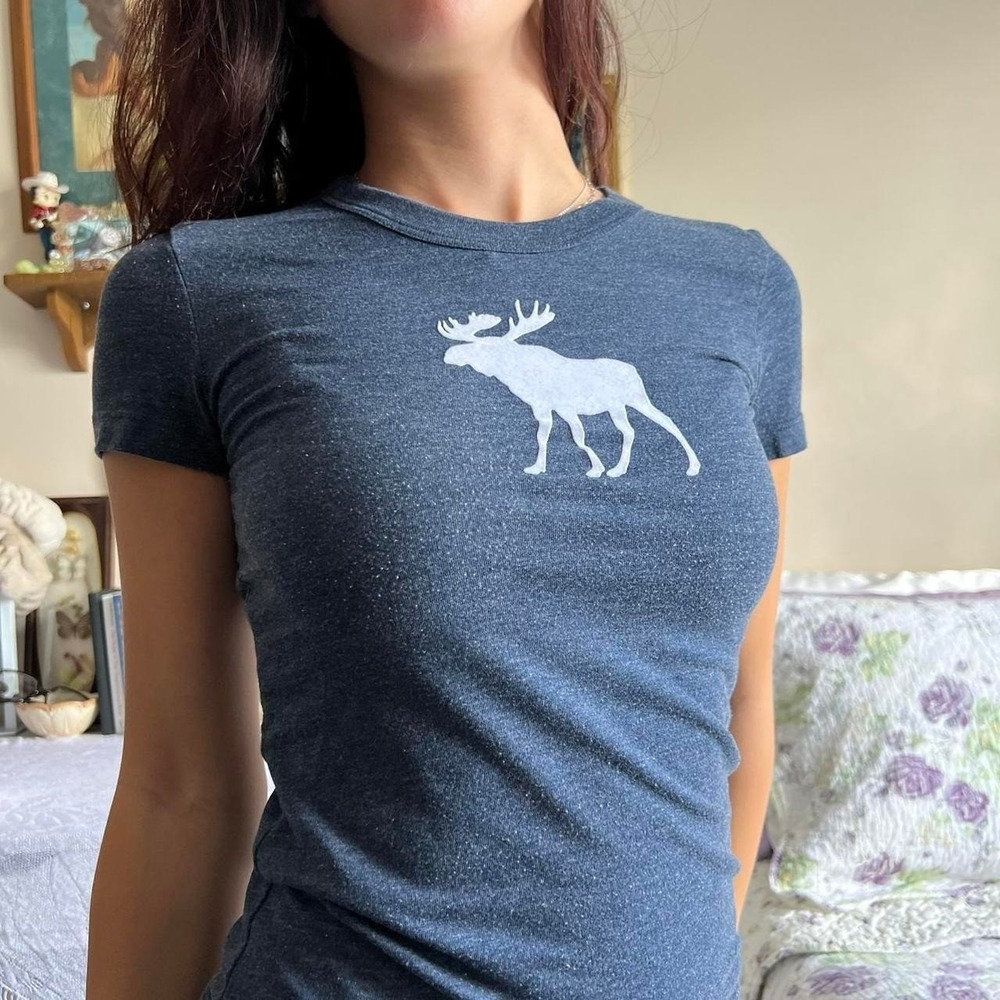 Vintage Abercrombie & Fitch Moose Fitted Baby Tee Navy Blue XS 2000s Y2K - Picture 3 of 6